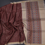 Raw silk maroon checks saree with printed design from Shriyara Life, showcasing intricate patterns and rich fabric details.