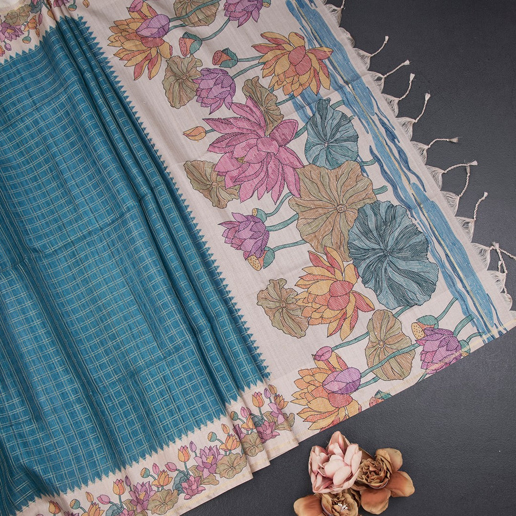 Raw Silk Peacock Blue Zari Checked Saree