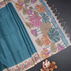 Raw Silk Peacock Blue Zari Checked Saree