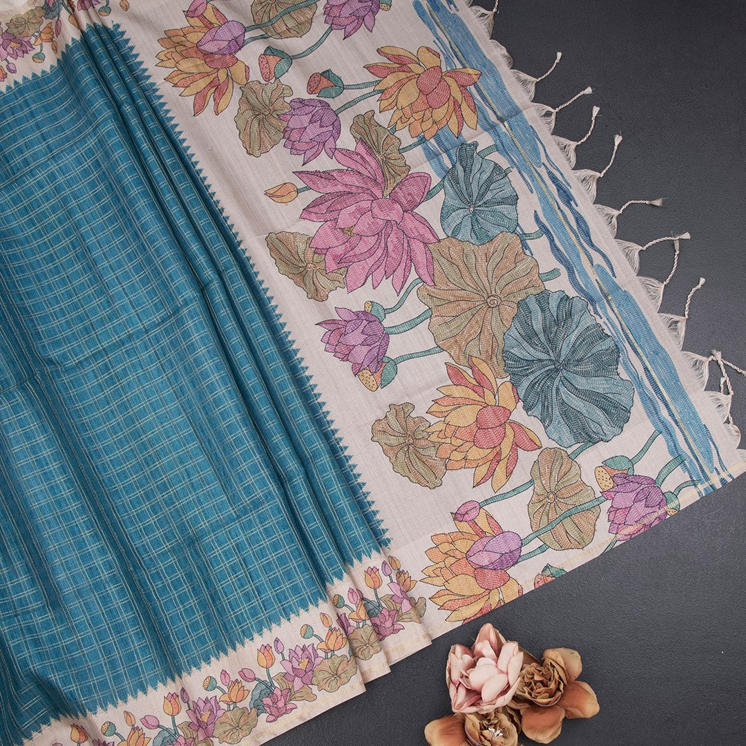 Raw Silk Peacock Blue Zari Checked Saree