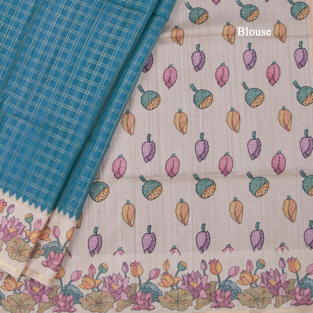 Raw Silk Peacock Blue Zari Checked Saree
