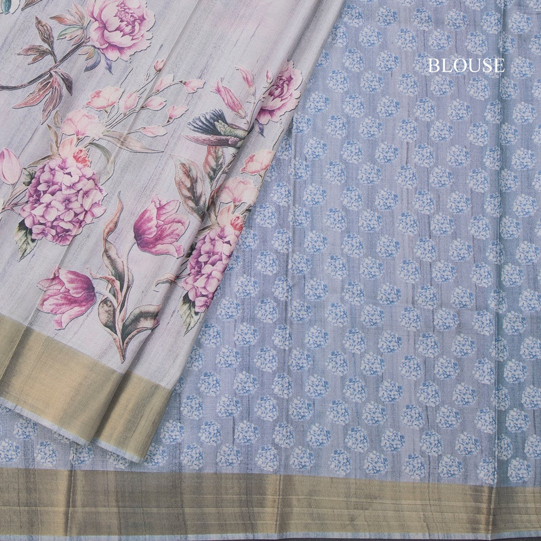 Raw Silk Grey Floral Printed Saree