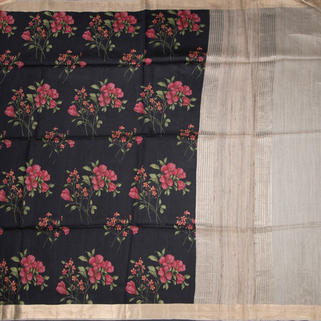 Pure Tussar Black Floral Printed Saree