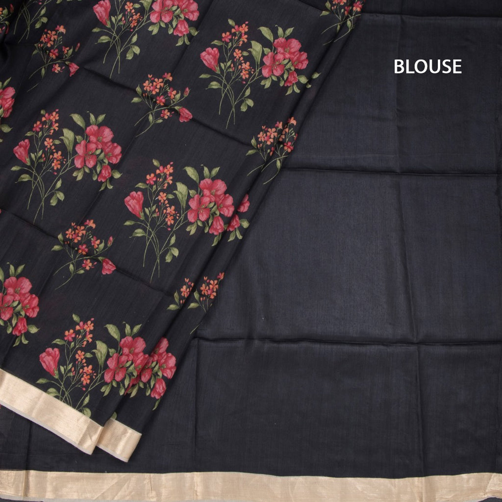 Pure Tussar Black Floral Printed Saree
