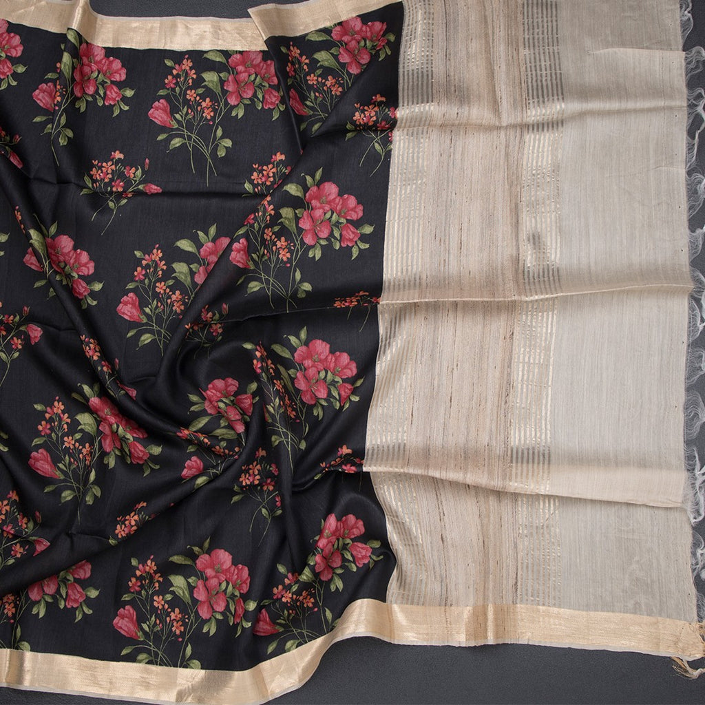 Pure Tussar black floral printed saree by Shriyara Life, showcasing intricate floral patterns on lightweight, elegant fabric.