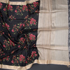 Pure Tussar black floral printed saree by Shriyara Life, showcasing intricate floral patterns on lightweight, elegant fabric.