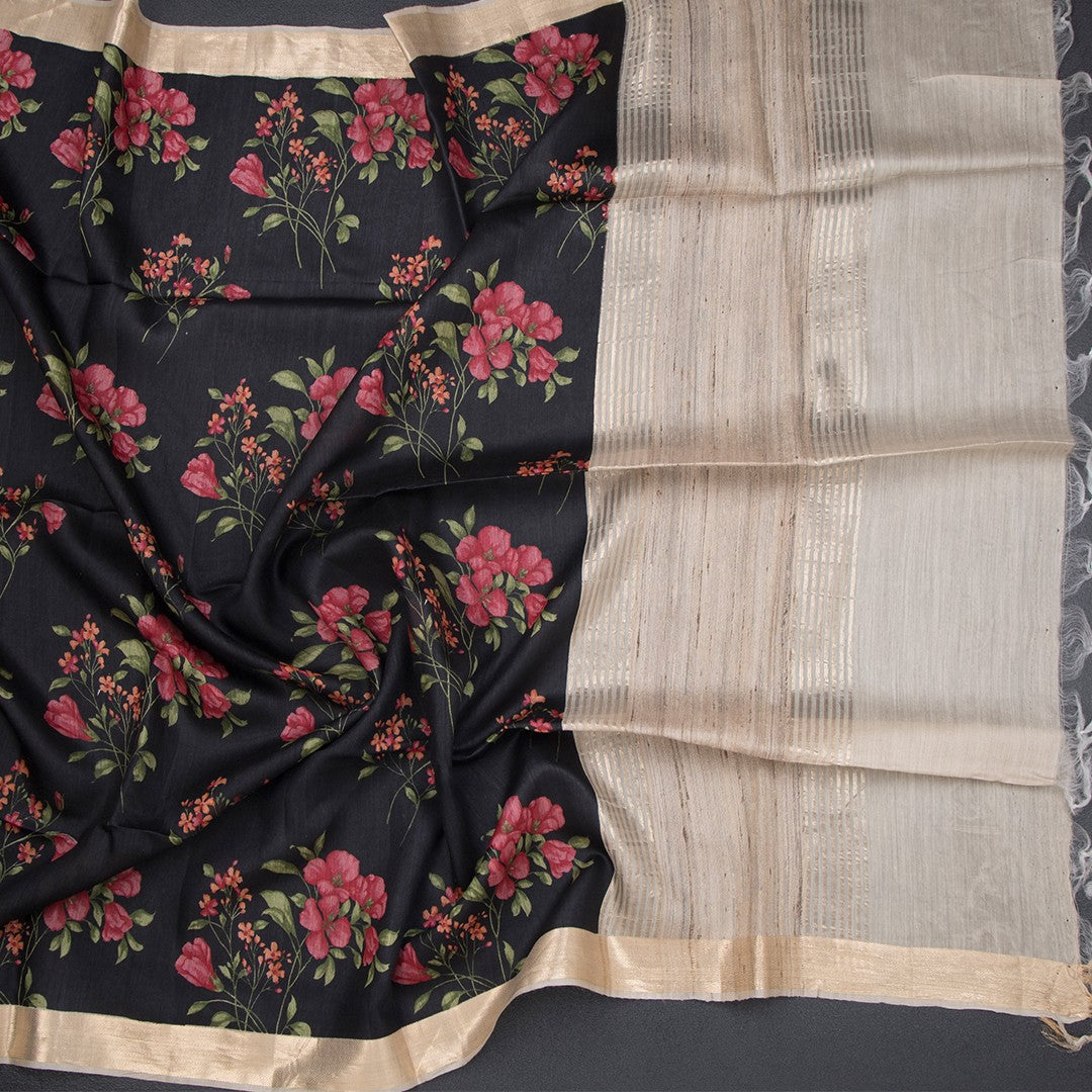 Pure Tussar black floral printed saree by Shriyara Life, showcasing intricate floral patterns on lightweight, elegant fabric.