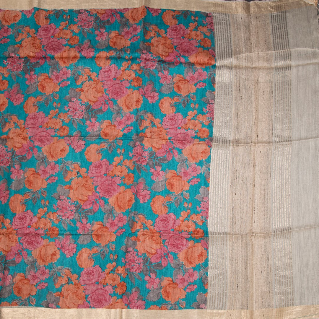 Pure Tussar Blue Floral Printed Saree 04