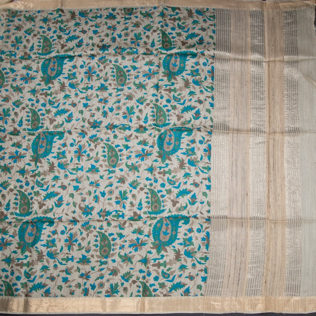 Pure Tussar Cream Leaf Printed Saree