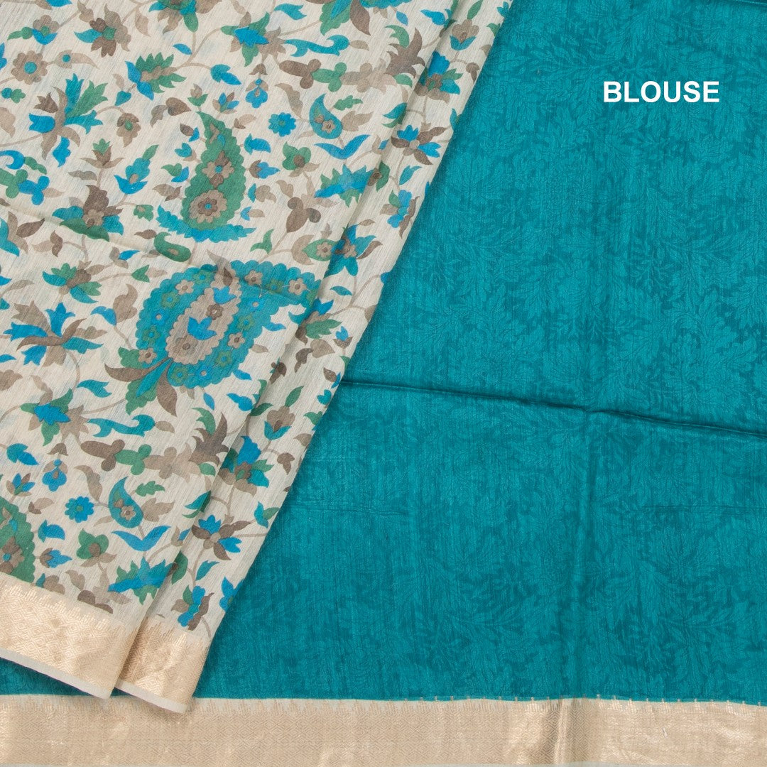 Pure Tussar Cream Leaf Printed Saree