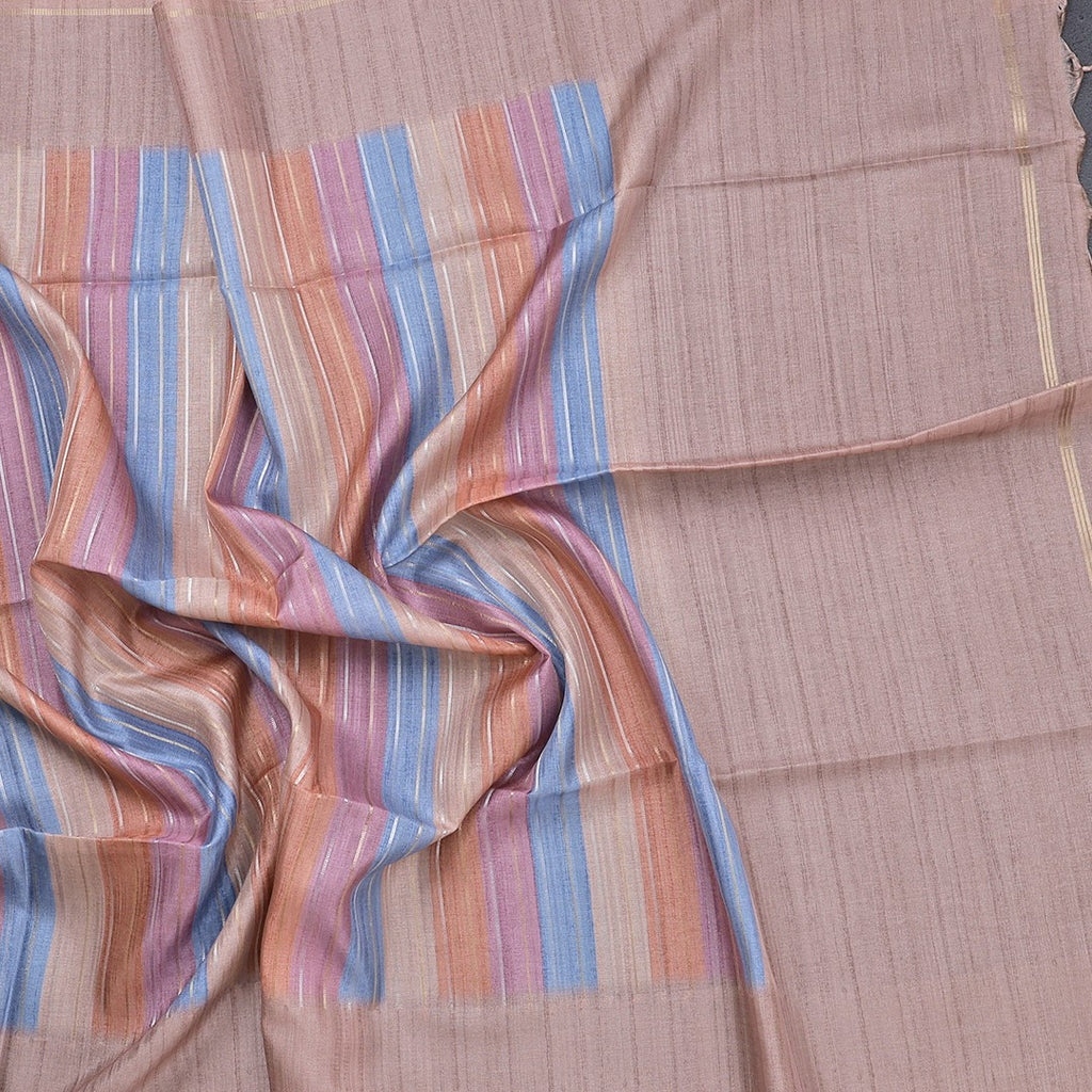 Multicolored raw silk saree with striped patterns from Shriyara Life, showcasing vibrant colors and elegant drape.