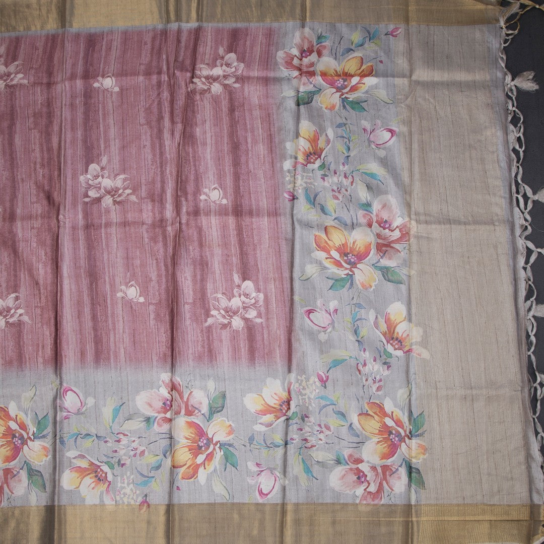 Raw Silk Light Maroon Floral Printed Saree