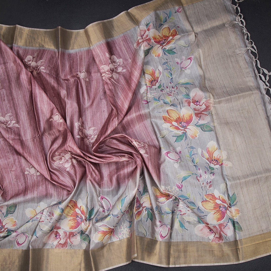 Raw silk light maroon floral printed saree by Shriyara Life, showcasing intricate floral patterns and elegant drape.