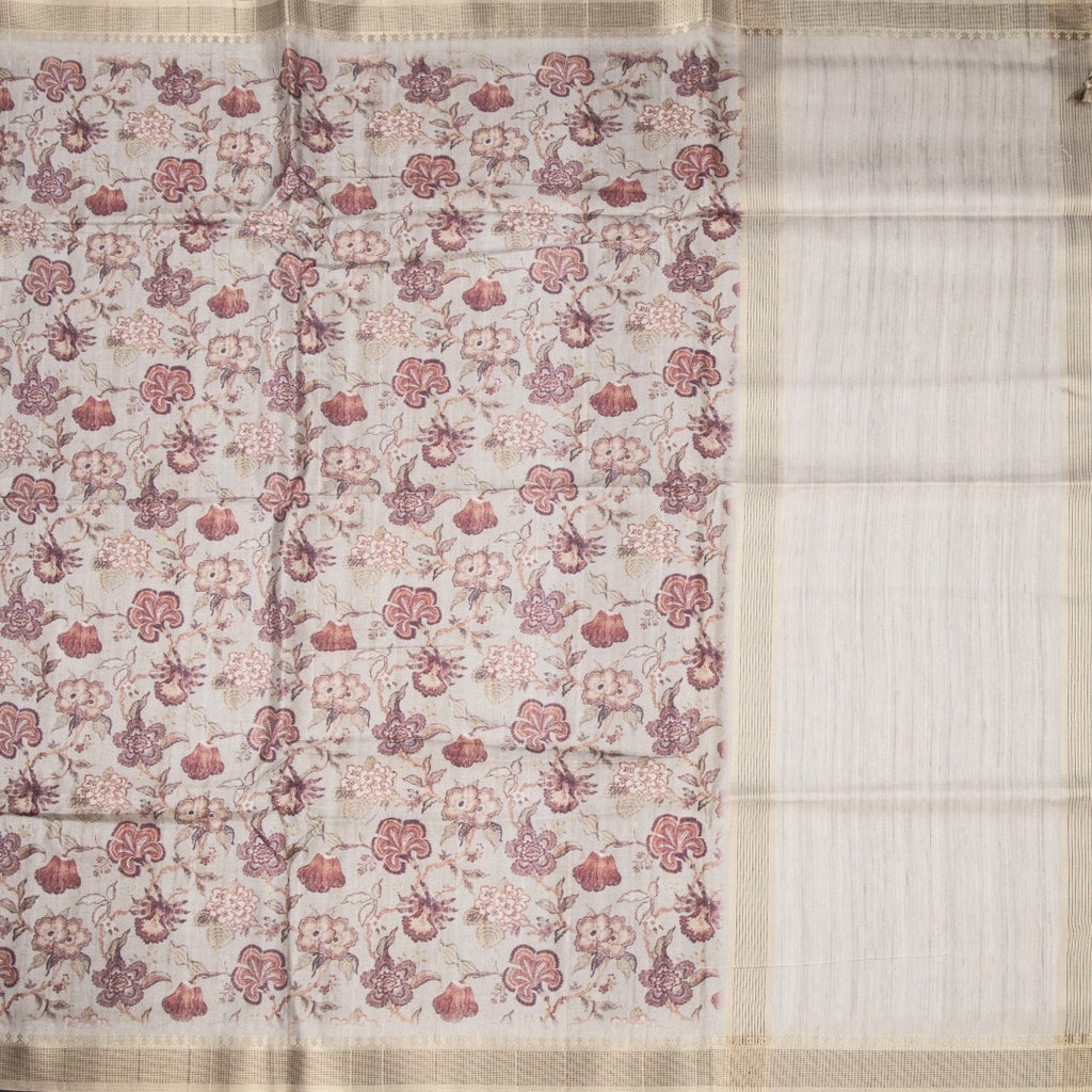 Raw Silk Grey Floral Printed Saree 04