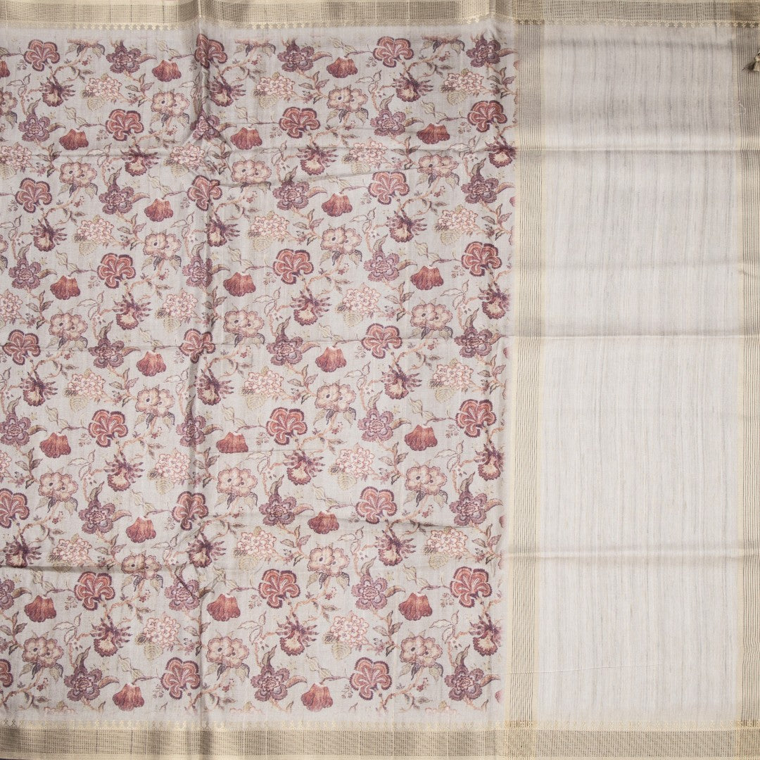 Raw Silk Grey Floral Printed Saree 04