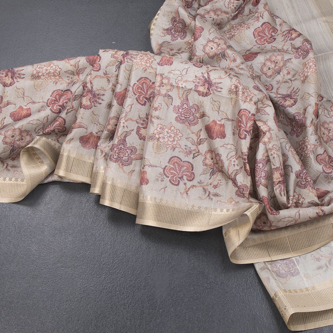 Raw Silk Grey Floral Printed Saree 04