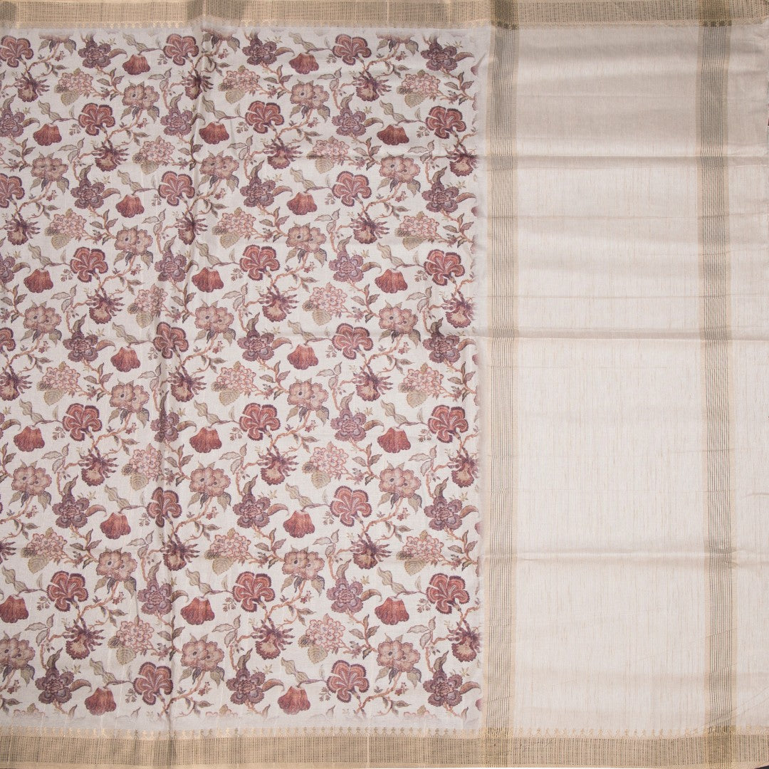 Raw Silk Cream Floral Printed Saree 06