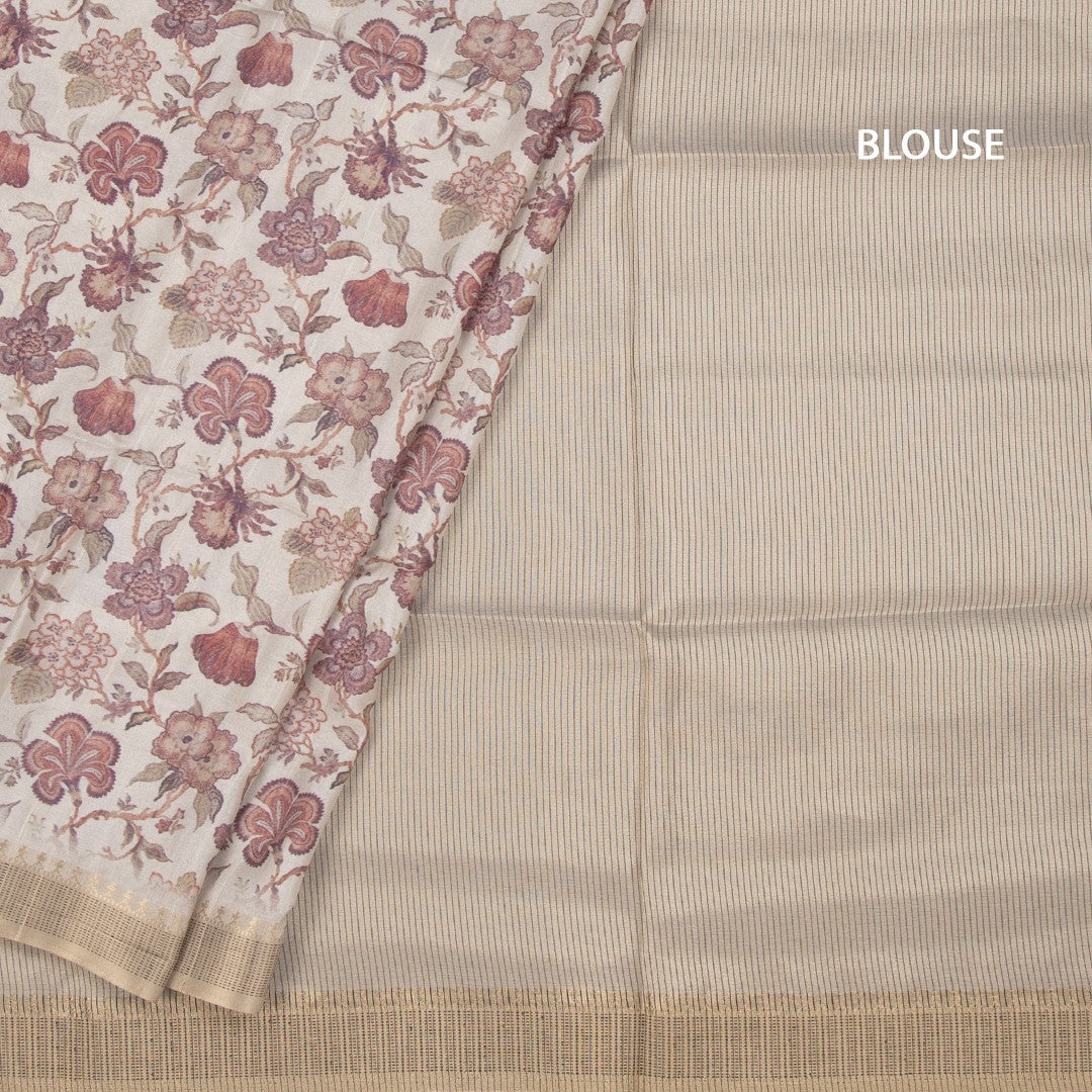 Raw Silk Cream Floral Printed Saree 06