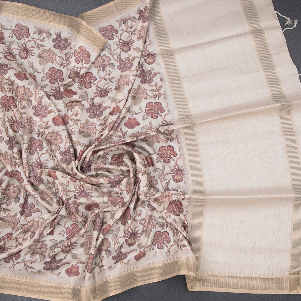 Raw silk floral printed saree from Shriyara Life, featuring vibrant colors and intricate design, displayed on a mannequin.