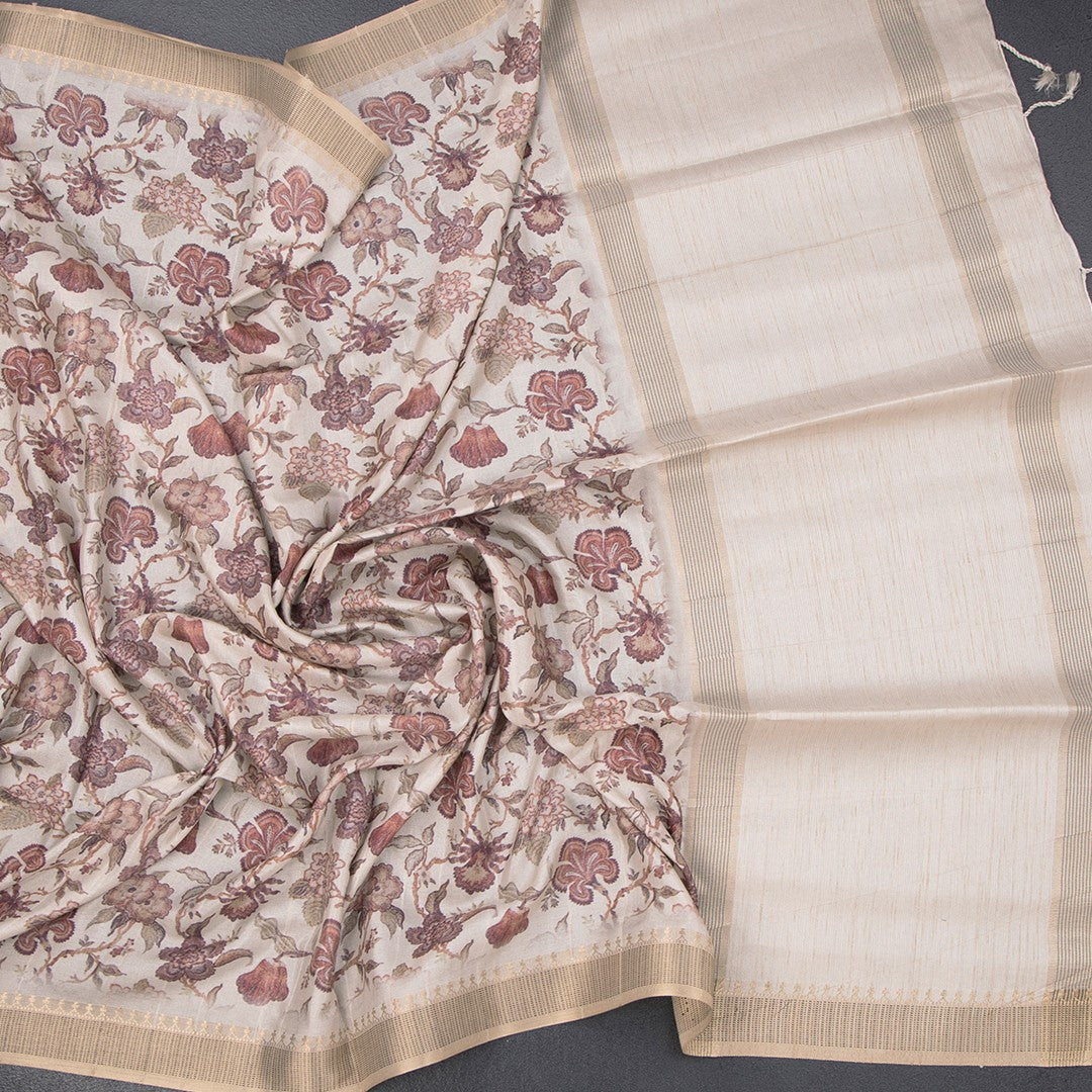 Raw silk floral printed saree from Shriyara Life, featuring vibrant colors and intricate design, displayed on a mannequin.