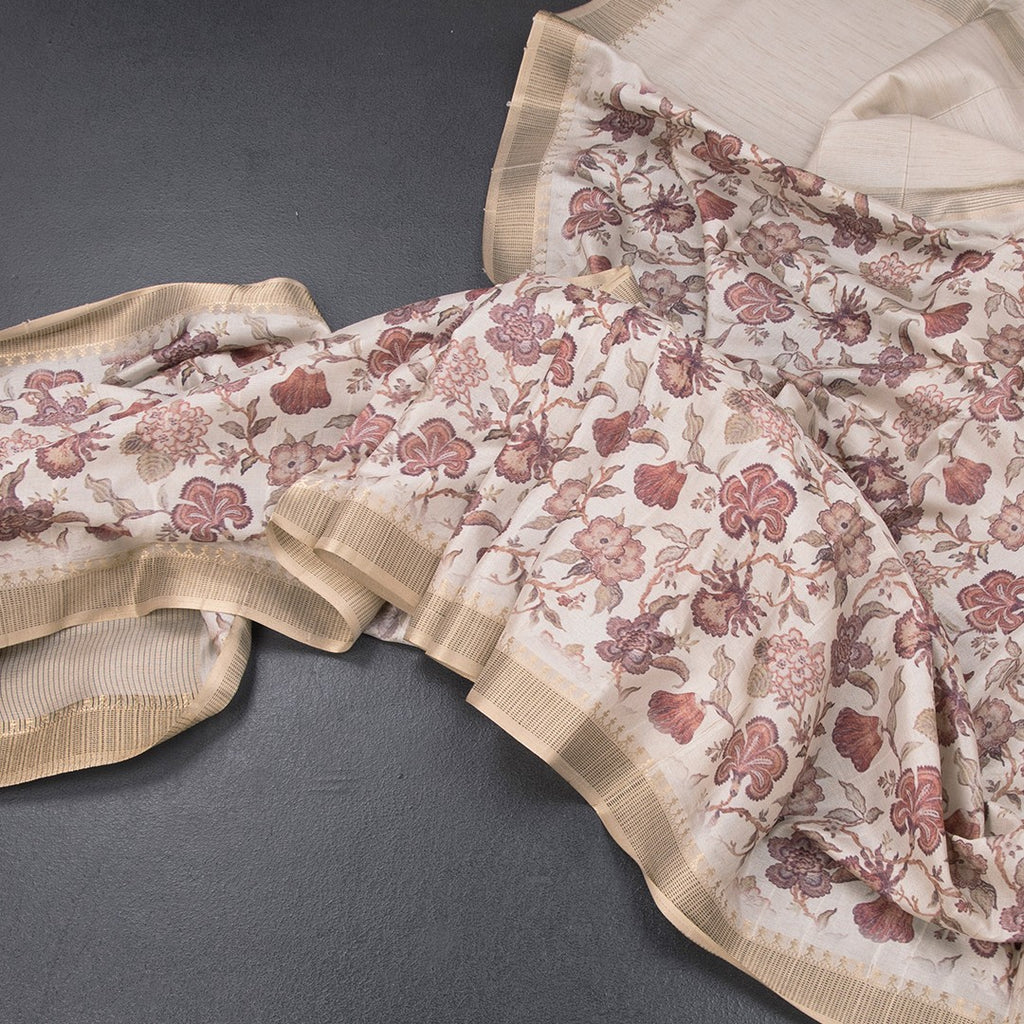 Raw Silk Cream Floral Printed Saree 06