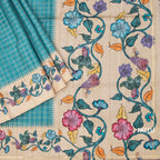 Raw Silk Peacock Blue Zari Checked Saree 02