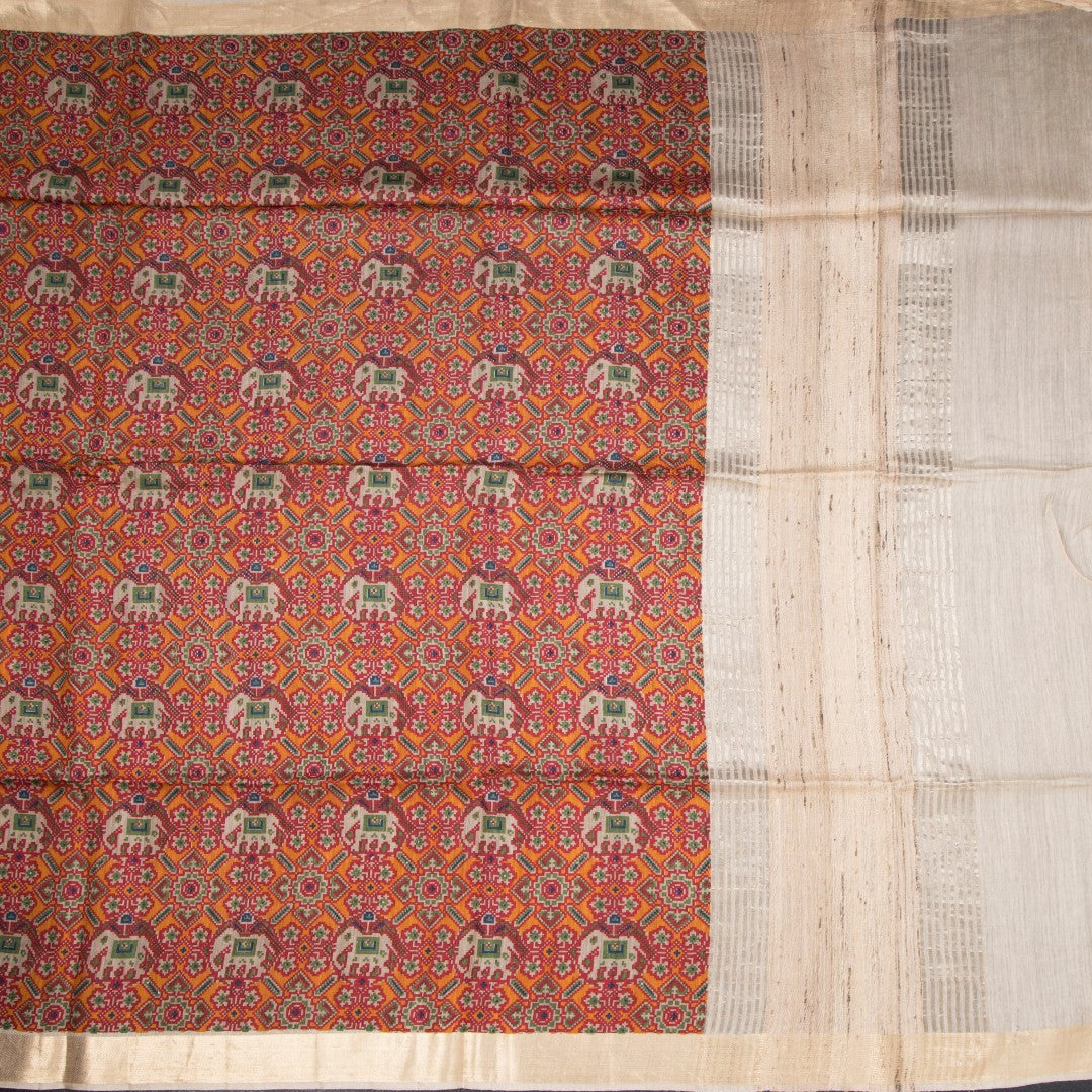 Raw Silk Orange Printed Saree