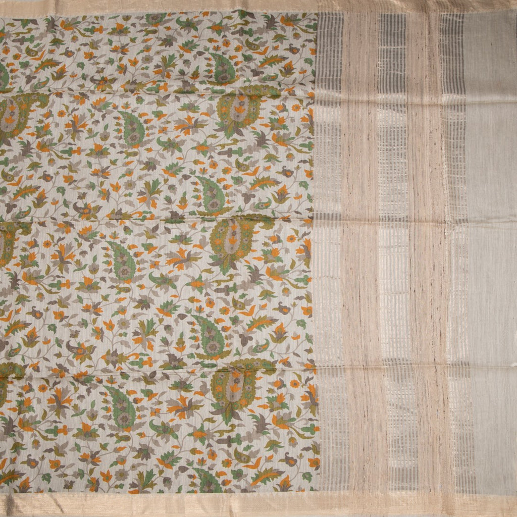 Pure Tussar Cream Leaf Printed Saree 02