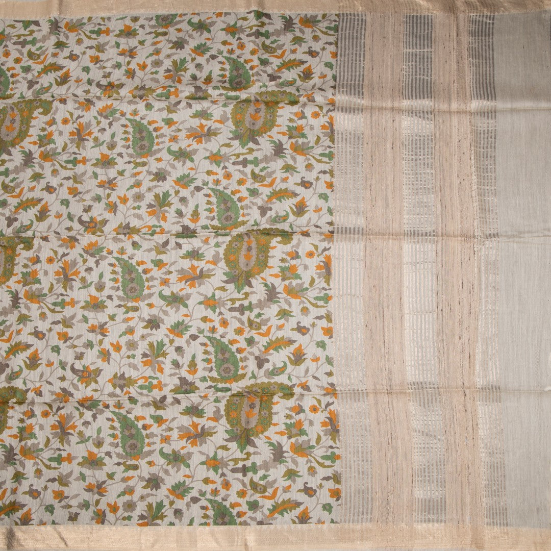 Pure Tussar Cream Leaf Printed Saree 02