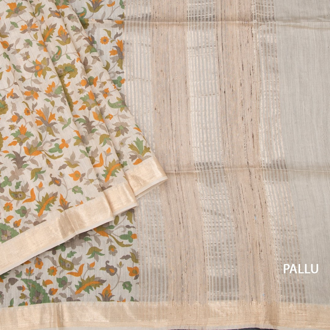 Pure Tussar Cream Leaf Printed Saree 02