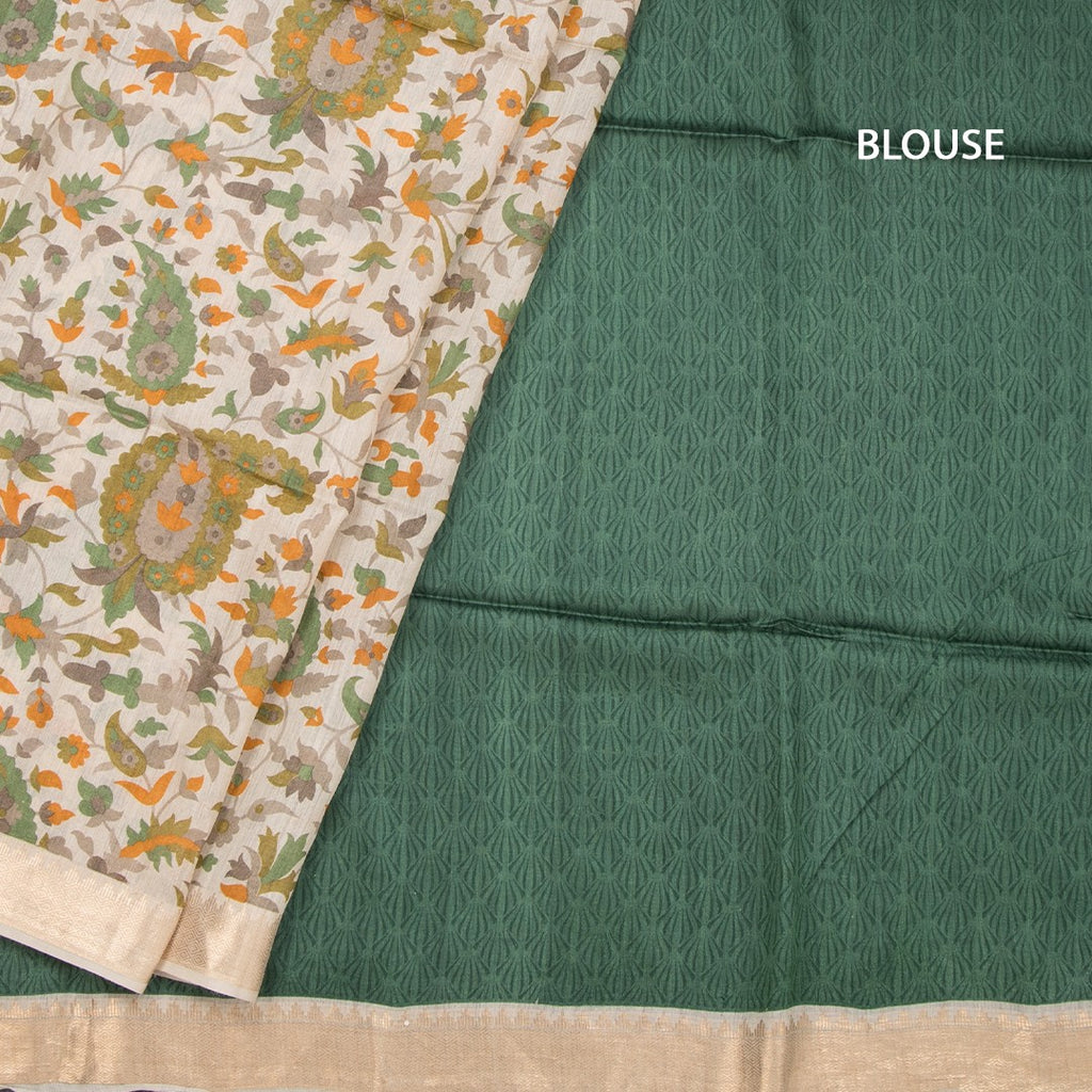Pure Tussar Cream Leaf Printed Saree 02
