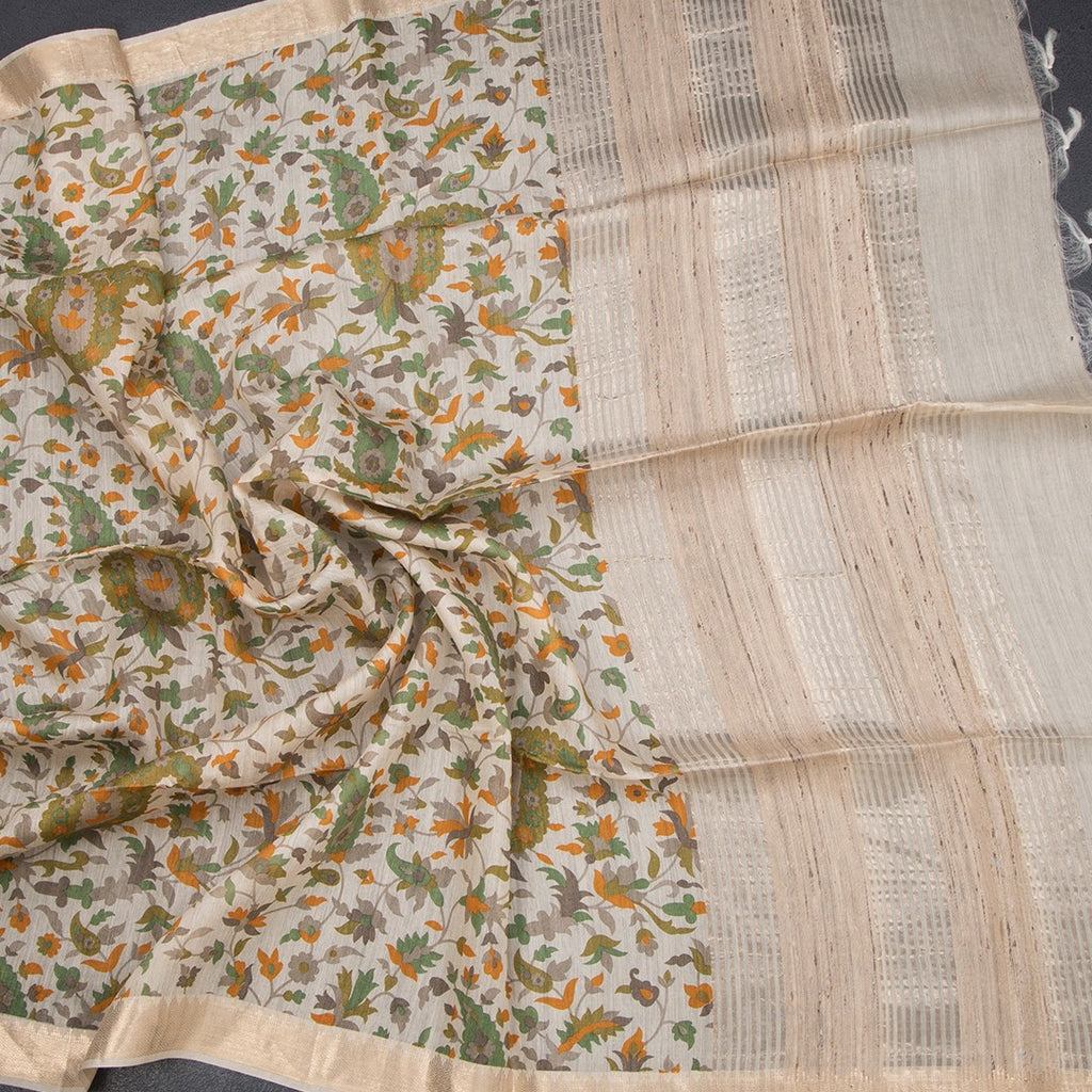 Pure Tussar cream leaf printed saree by Shriyara Life, showcasing intricate leaf motifs on smooth Tussar fabric.