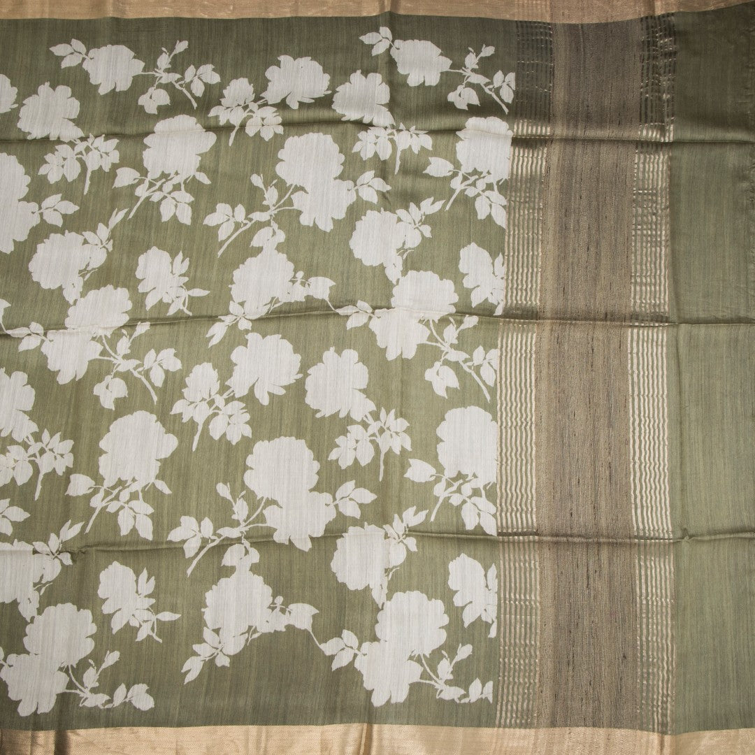 Pure Tussar Olive Green Floral Printed Saree