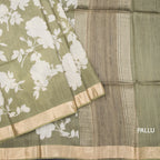 Pure Tussar Olive Green Floral Printed Saree