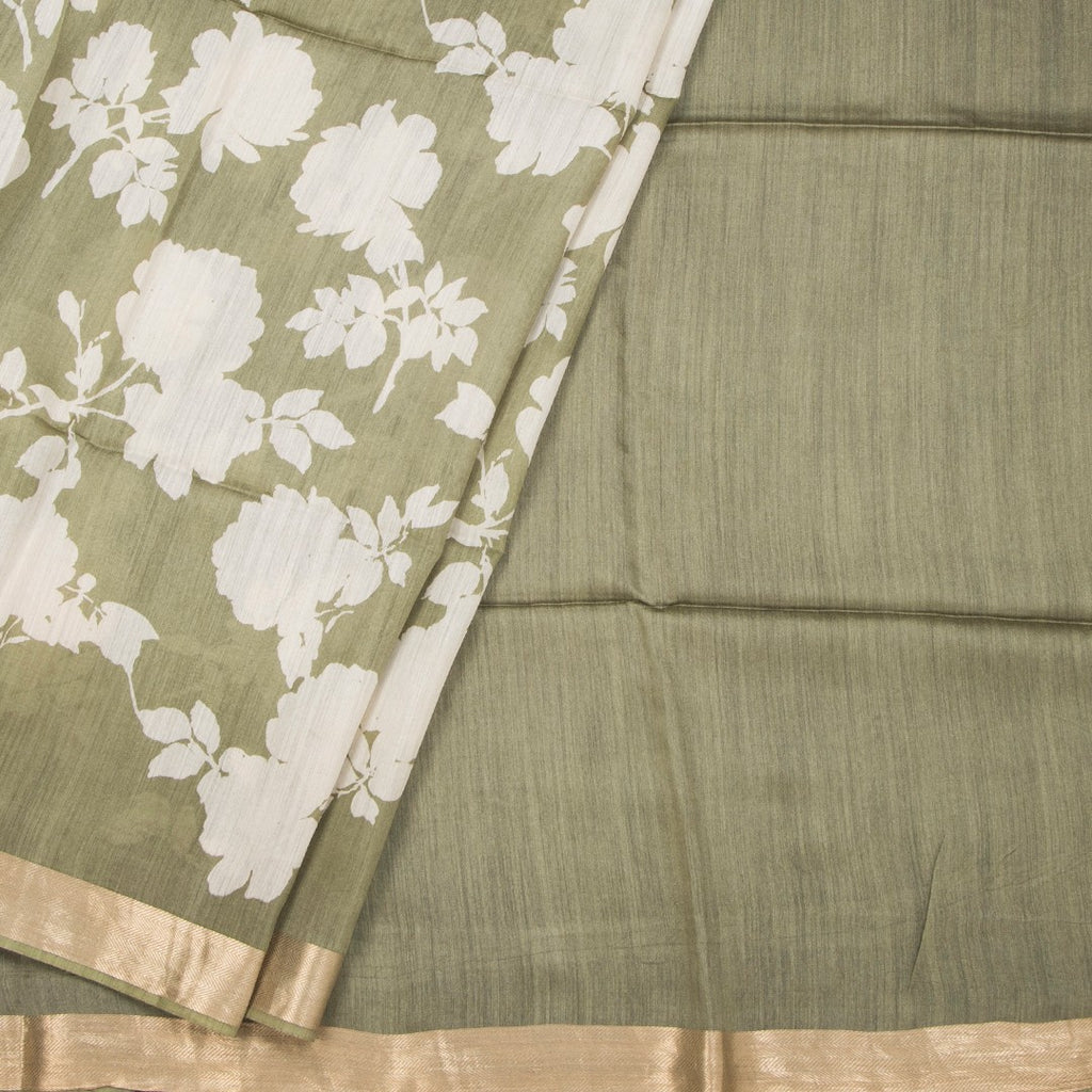 Pure Tussar Olive Green Floral Printed Saree