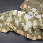 Pure Tussar Olive Green Floral Printed Saree