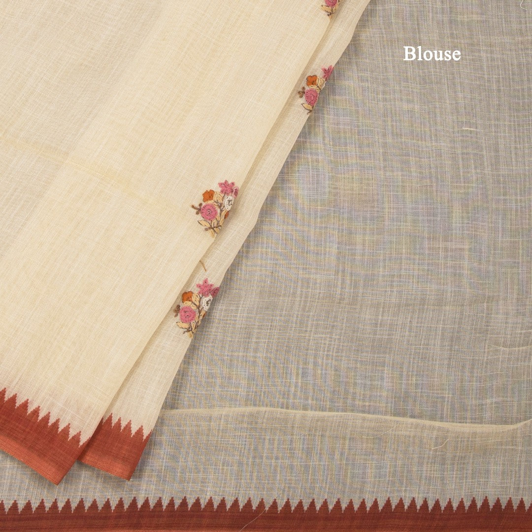 Linen Cream Floral Thread Work Saree 05