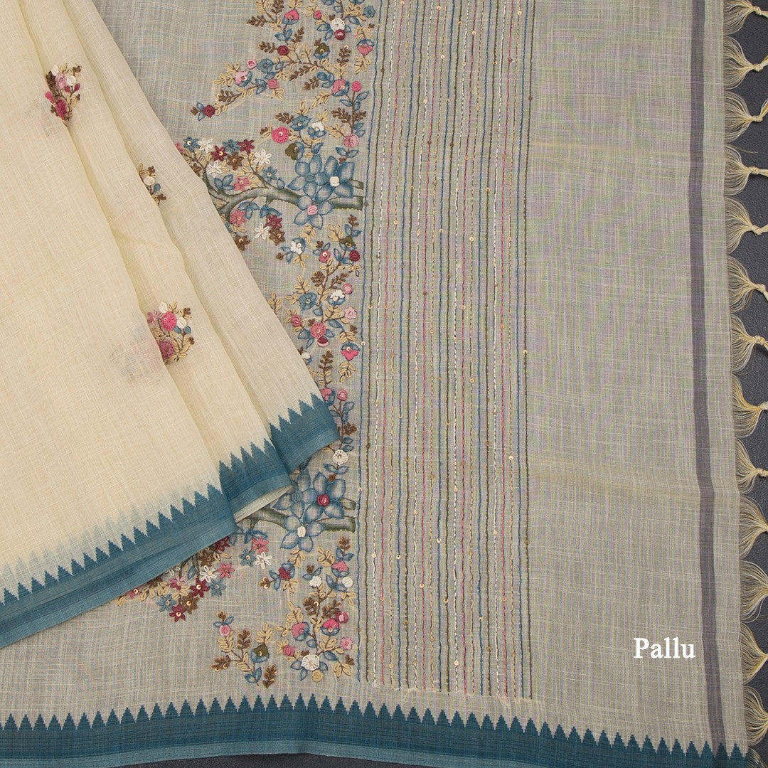 Linen Cream Floral Thread Work Saree 06
