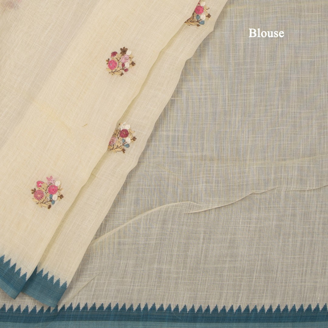 Linen Cream Floral Thread Work Saree 06