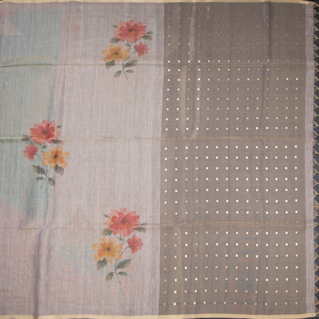 Raw Silk Cream Floral Printed Saree 09