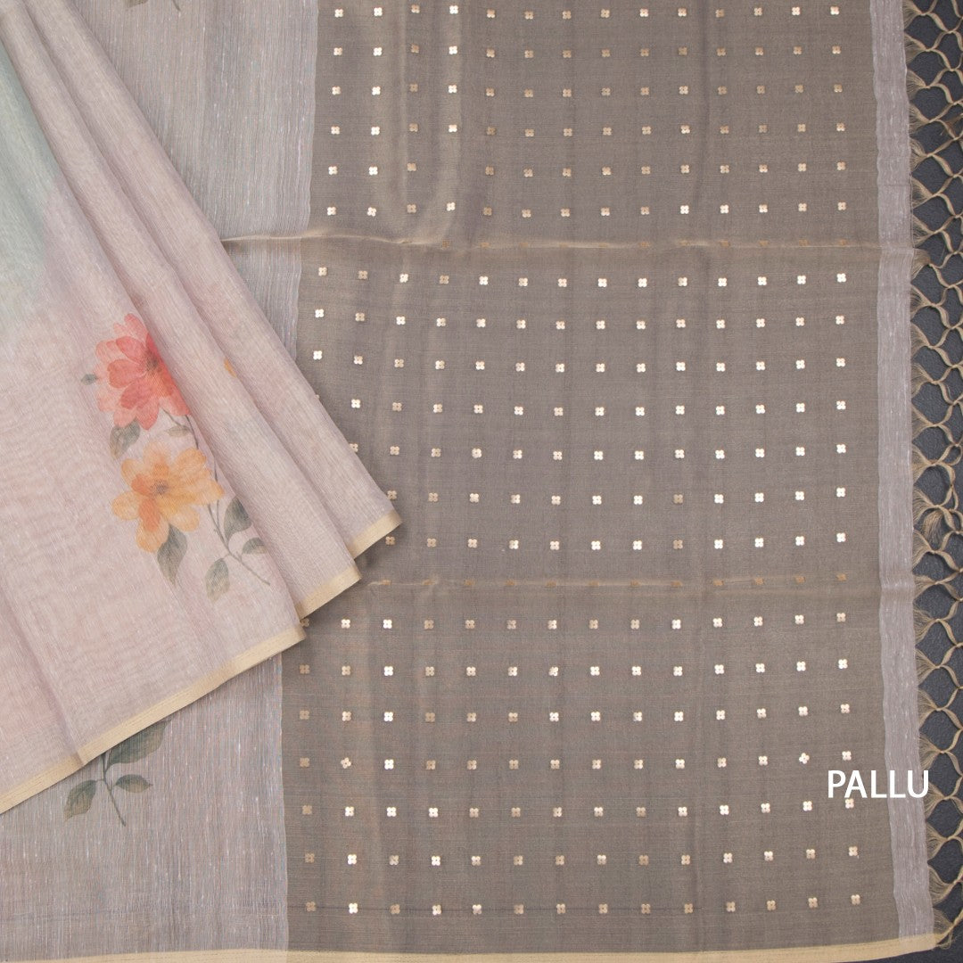 Raw Silk Cream Floral Printed Saree 09