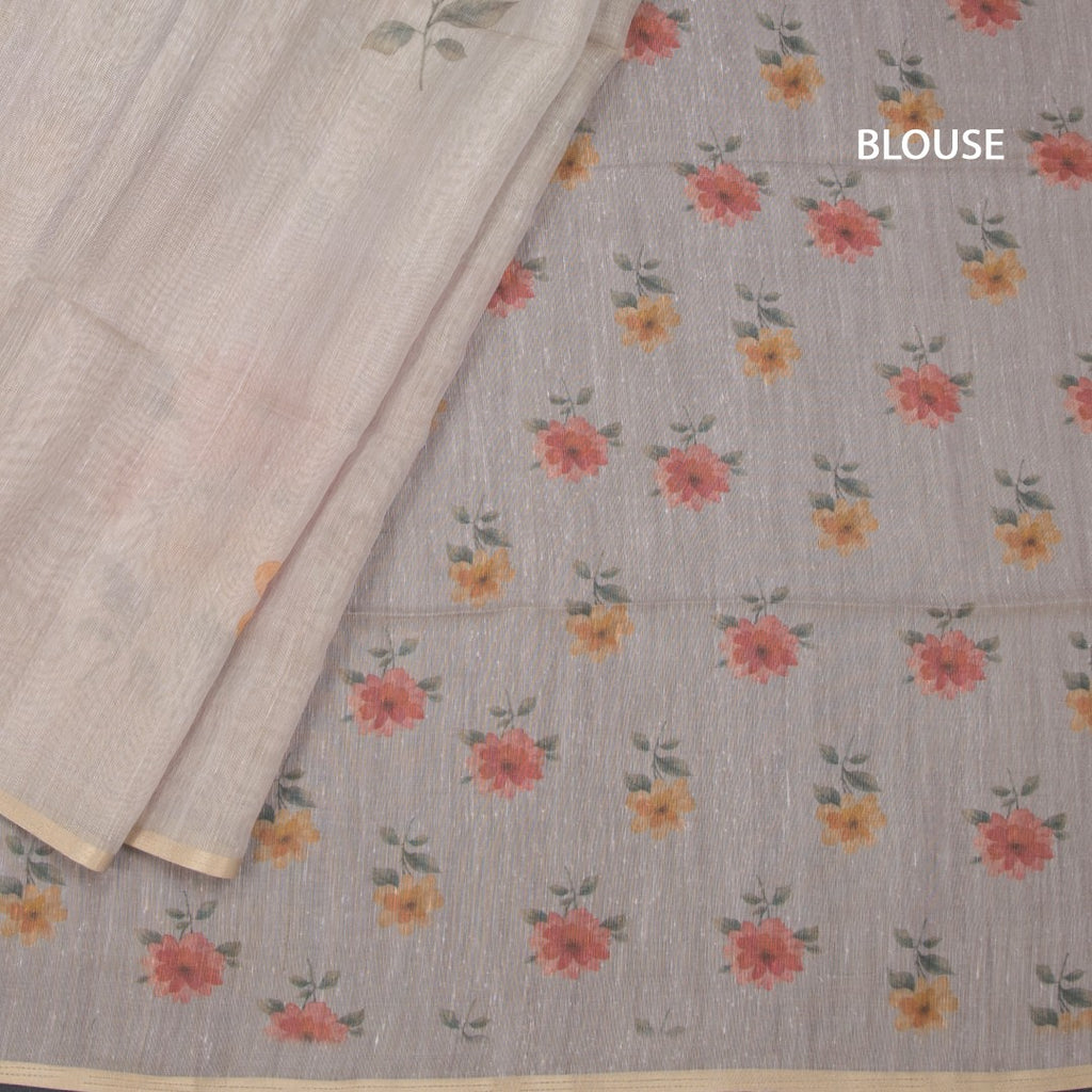Raw Silk Cream Floral Printed Saree 09