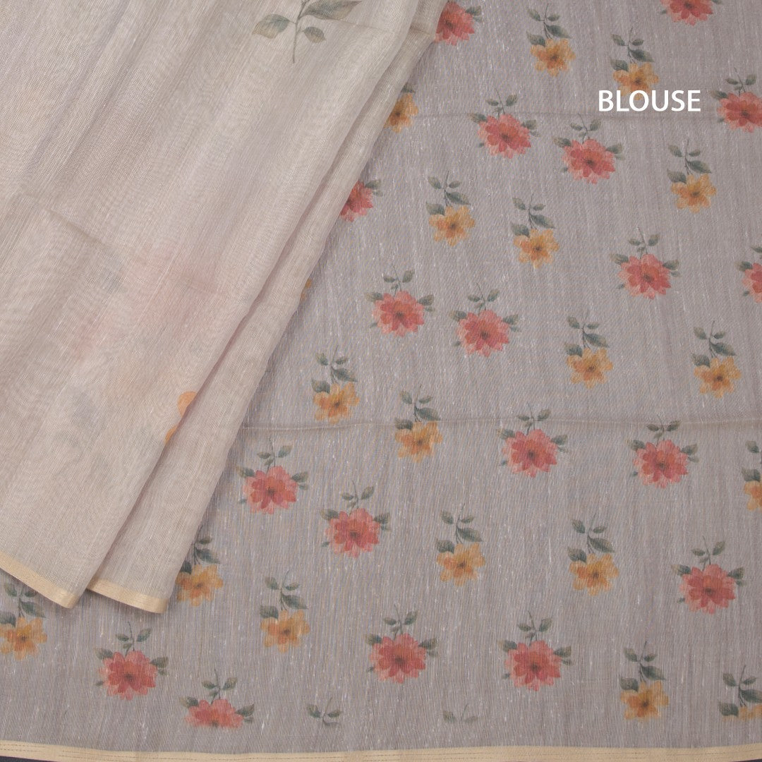 Raw Silk Cream Floral Printed Saree 09