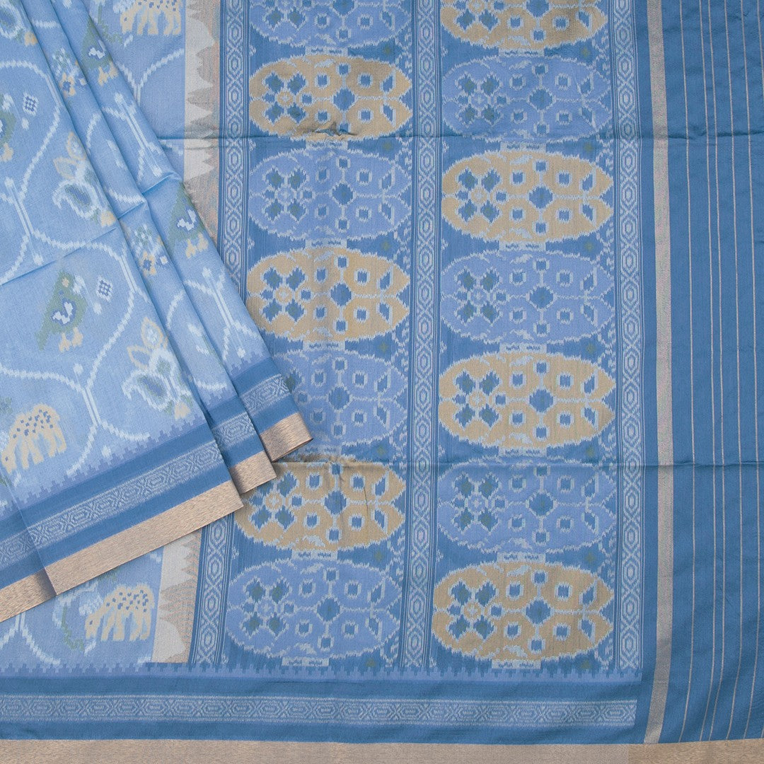 Raw Silk Light Blue Printed Saree