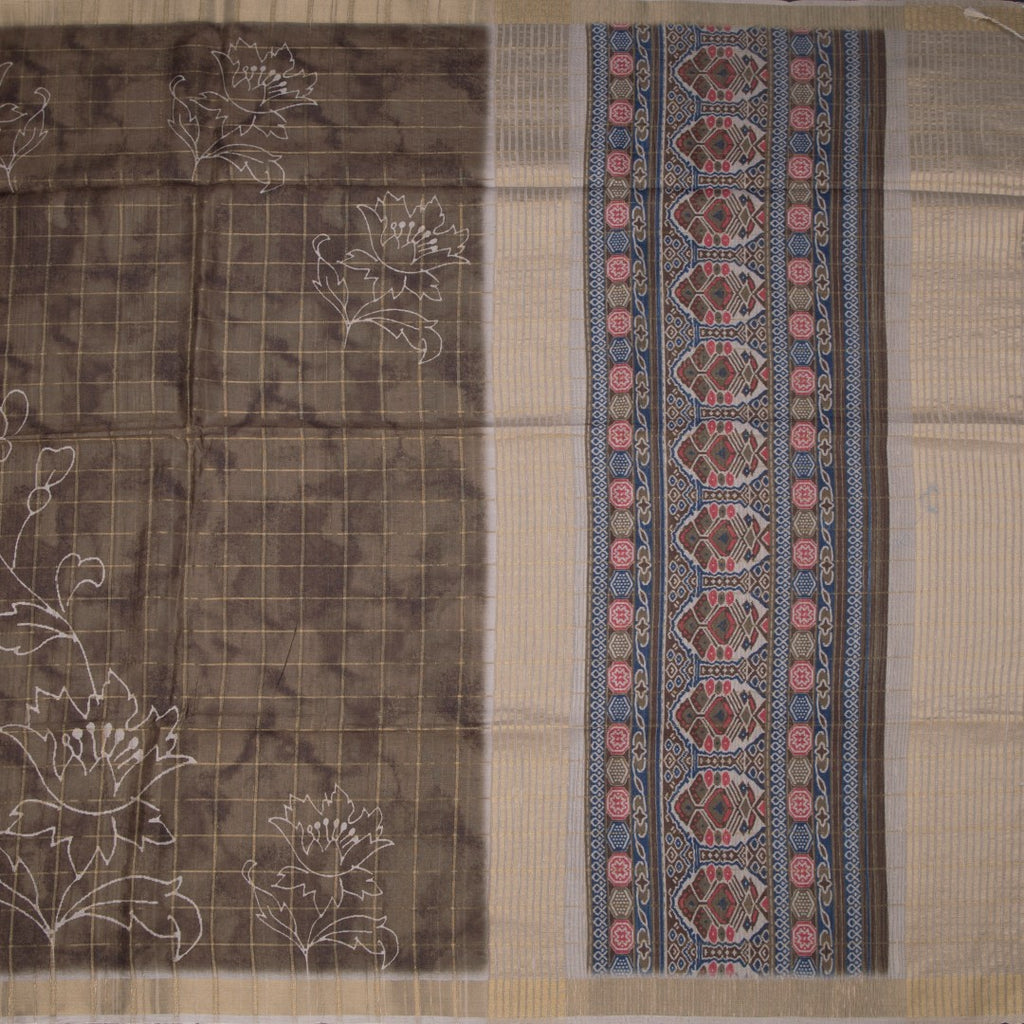 Raw Silk Olive Green Checked Printed Saree