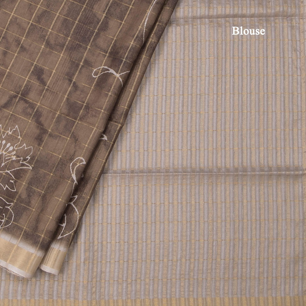 Raw Silk Olive Green Checked Printed Saree