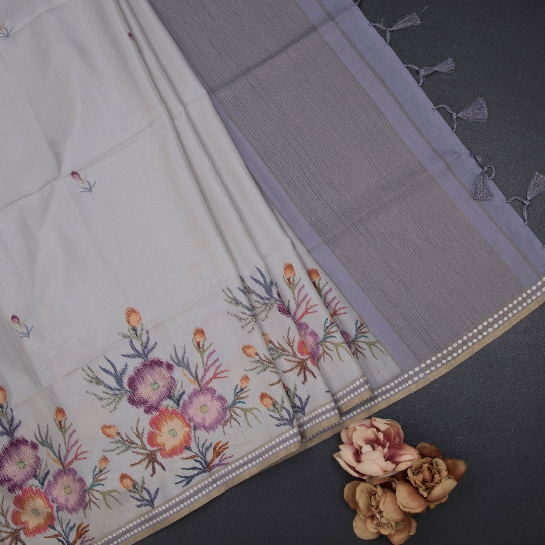 Raw Silk Grey Floral Printed Saree 06