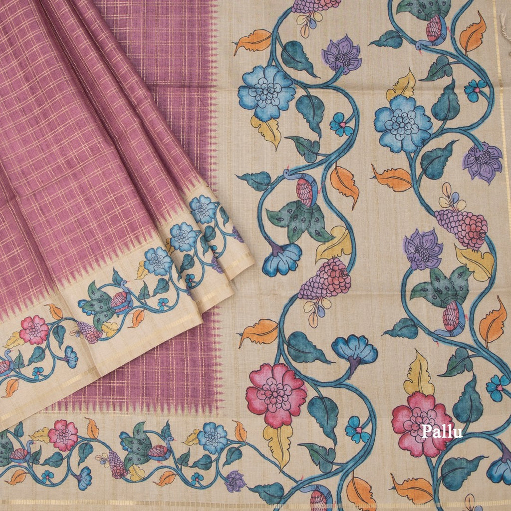 Raw Silk Onion Pink Zari Checked Saree