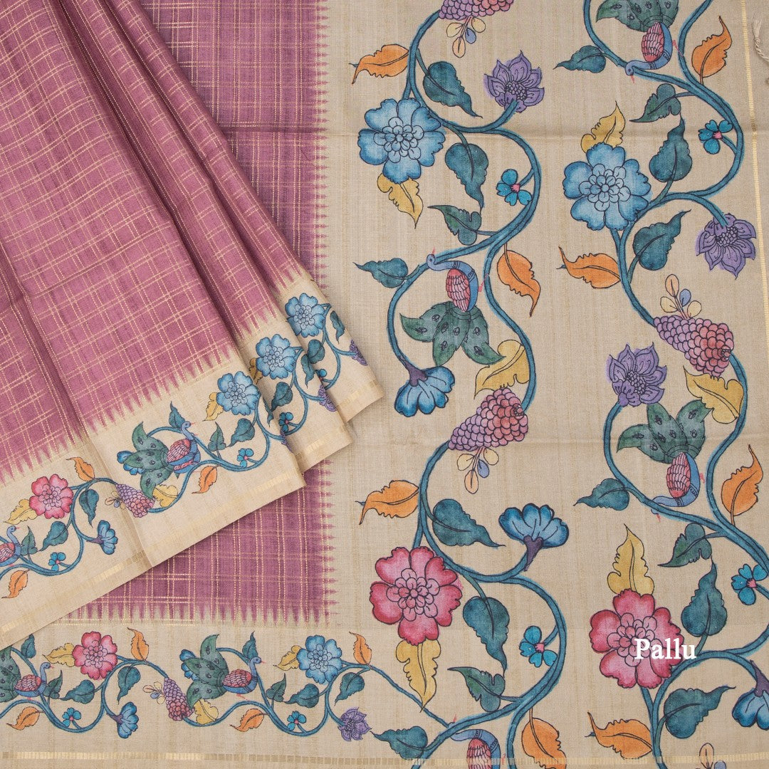 Raw Silk Onion Pink Zari Checked Saree