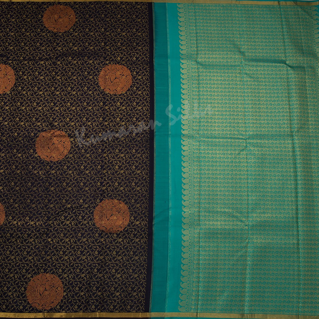 Navy Blue Brocade Silk Saree With Ribbon Zari Border - Kumaran Silks
